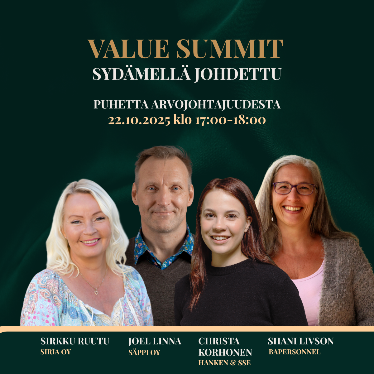 Webinaari 22.10. 17-18 Sirkku, Joel, Shani, Leea Puhetta arvojohtajuudesta - Sydämellä johdettu